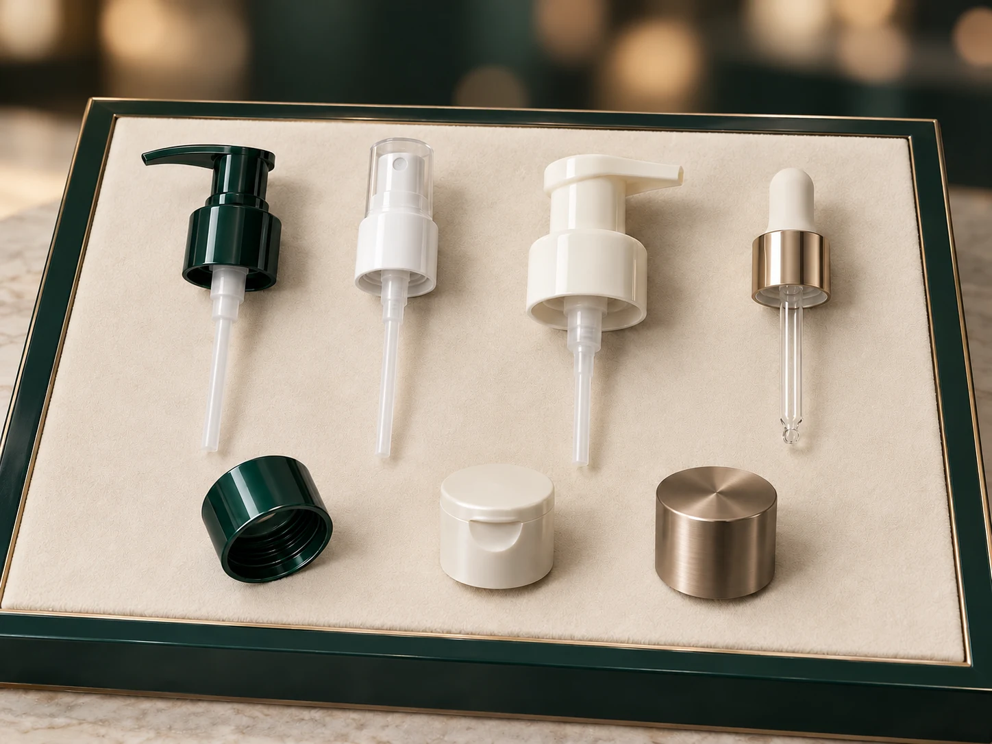 Seven pump, sprayer, dropper and closure concepts arranged in a premium counter display tray