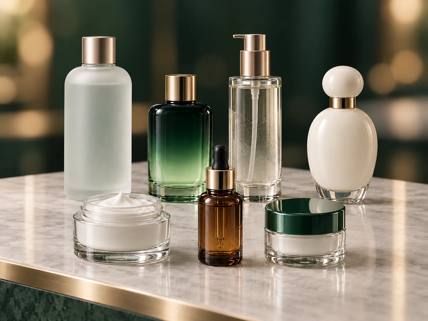 Glass packaging concept with seven frosted, gradient-coated, amber and clear bottle and jar styles