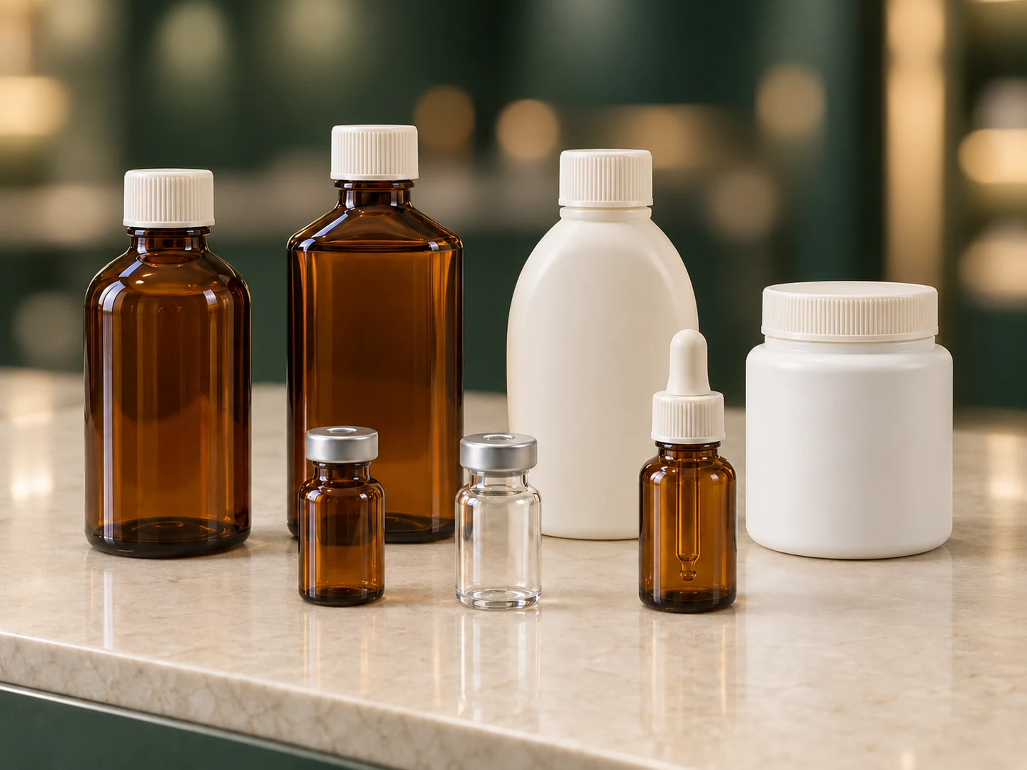 Seven amber, clear glass and white healthcare packaging formats on a green consultation counter