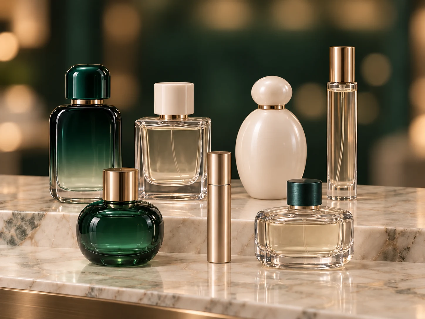 Fragrance packaging concept with seven perfume, travel spray and diffuser bottle styles on a boutique counter