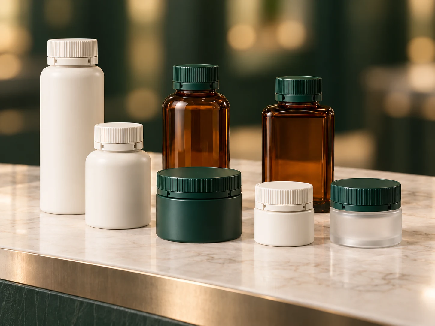 Seven closed bottle and jar concepts with ribbed secure-style closures