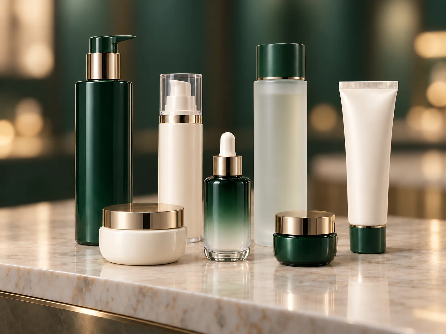 Skincare packaging concept with lotion, airless, toner and serum bottles, two cream jars and a tube on a green boutique counter