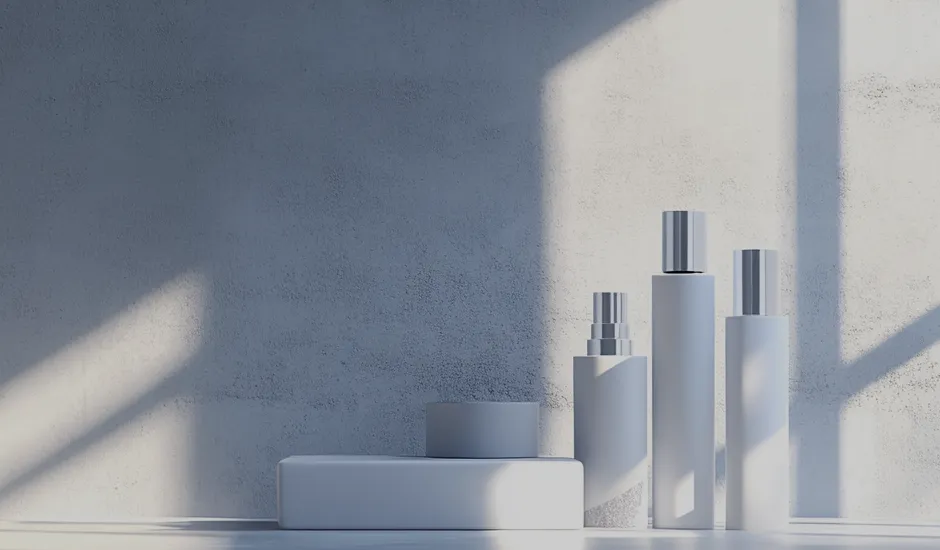 Minimalist display of white cosmetic bottles and packaging designs with dramatic shadows