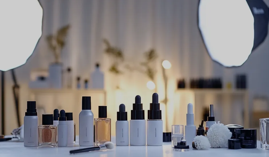 Professional arrangement of beauty products including dropper bottles and cosmetic containers in warm lighting