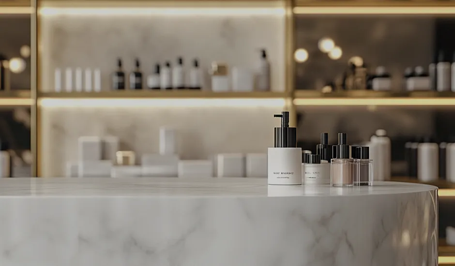 Luxury cosmetic products displayed on a marble counter with soft lighting and glass bottles in the background