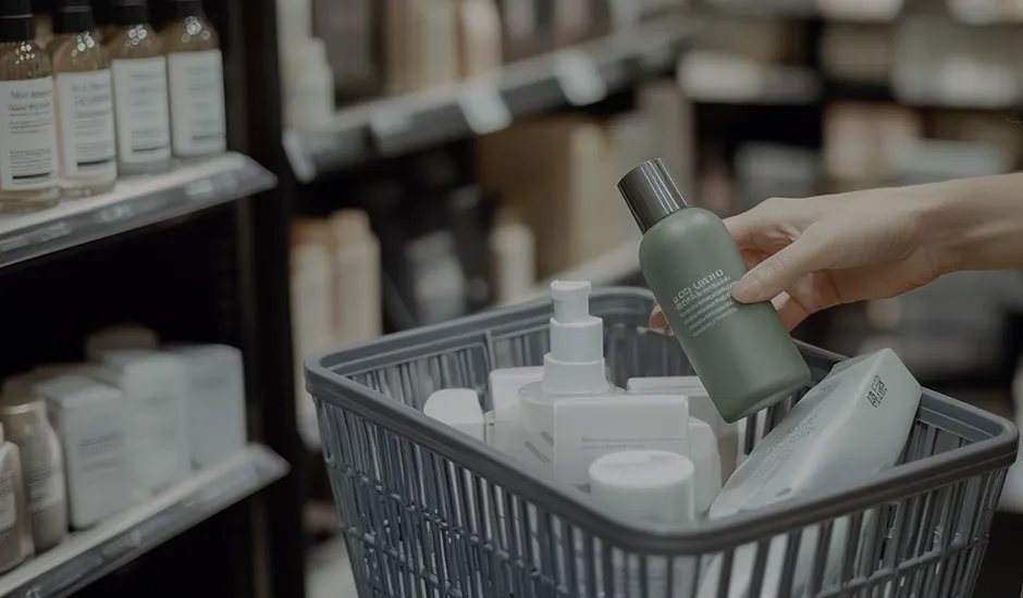 Hand placing cosmetic products in a storage basket, showing warehouse or distribution setting